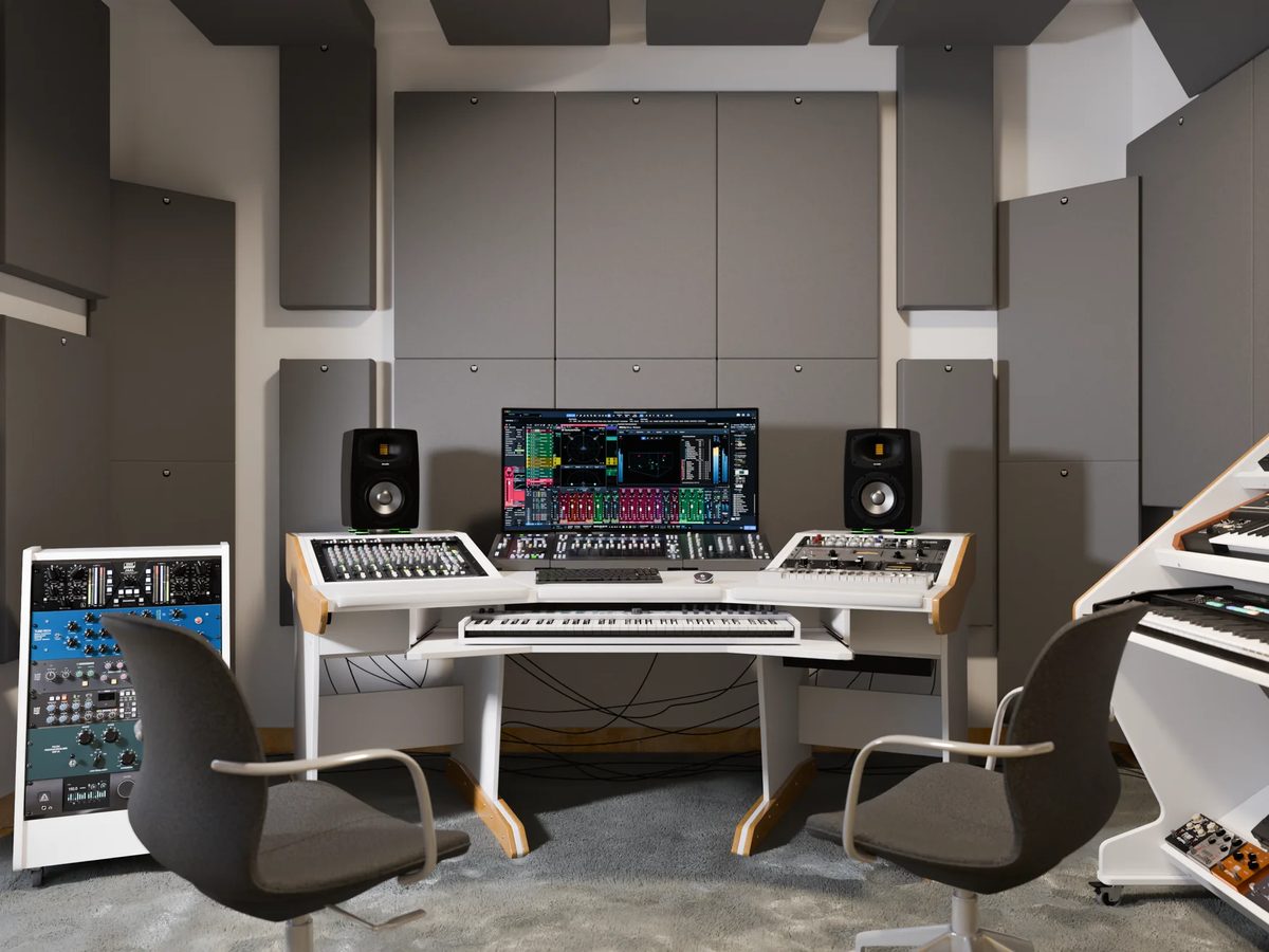 Studio treated with Unity acoustic panels around a Buso workstation